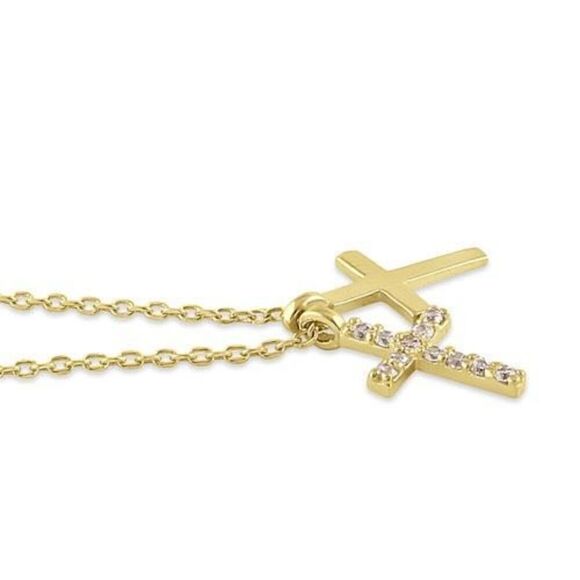 Solid 14K Gold Layered Cross Diamond 18”Necklace New - Picture 3 of 4